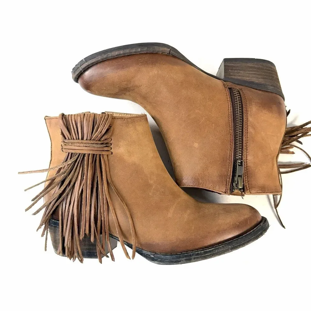 Womens Circle G Brown Leather Side Fringe Shortie Ankle Boots Size 6.5 M Zip